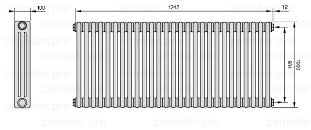 Схема (чертеж) Радиатор Zehnder Charleston 3100/27 №7610 Белый глянцевый RAL 9016